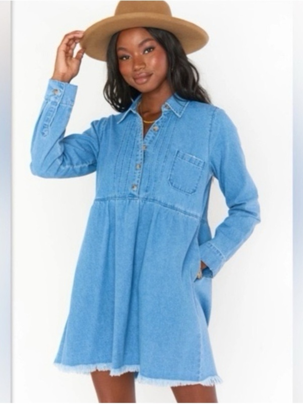 Show Me Your Mumu Chambray Denim Babydoll Long Sleeve Mini Dress L